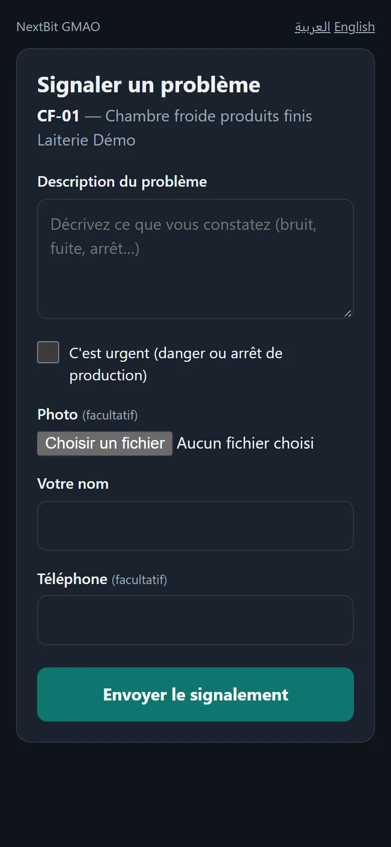 Un QR code sur chaque machine : la panne est signalée en 30 secondes, avec photo, sans compte.